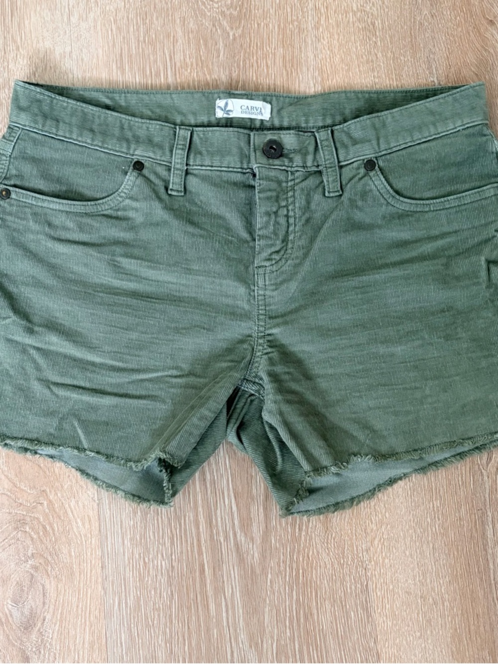 Carve Designs Olive Green Frayed Hem Denim Shorts - Picture 3 of 10